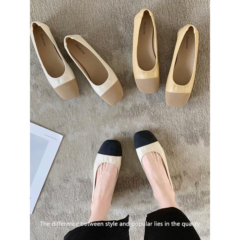Xiaoxiangfeng single shoes women's 2025 summer new leather light mouth square head flat shoes color matching commuting versatile soft sole