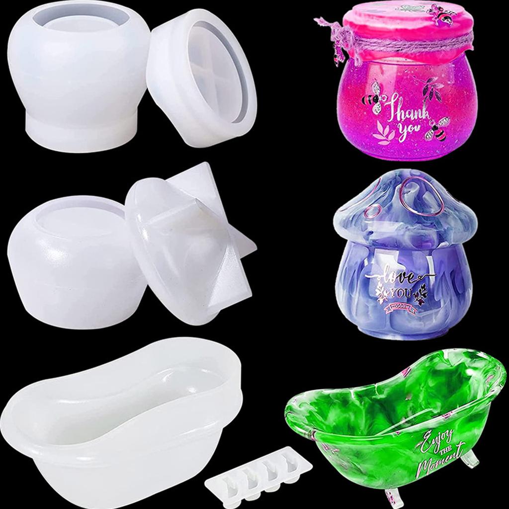 3Pcs Jar Resin Molds Silicone,Pudding Jar Resin Molds with Lid,Bathtub Storage Box Mold for Trinkets,Rings Organizer