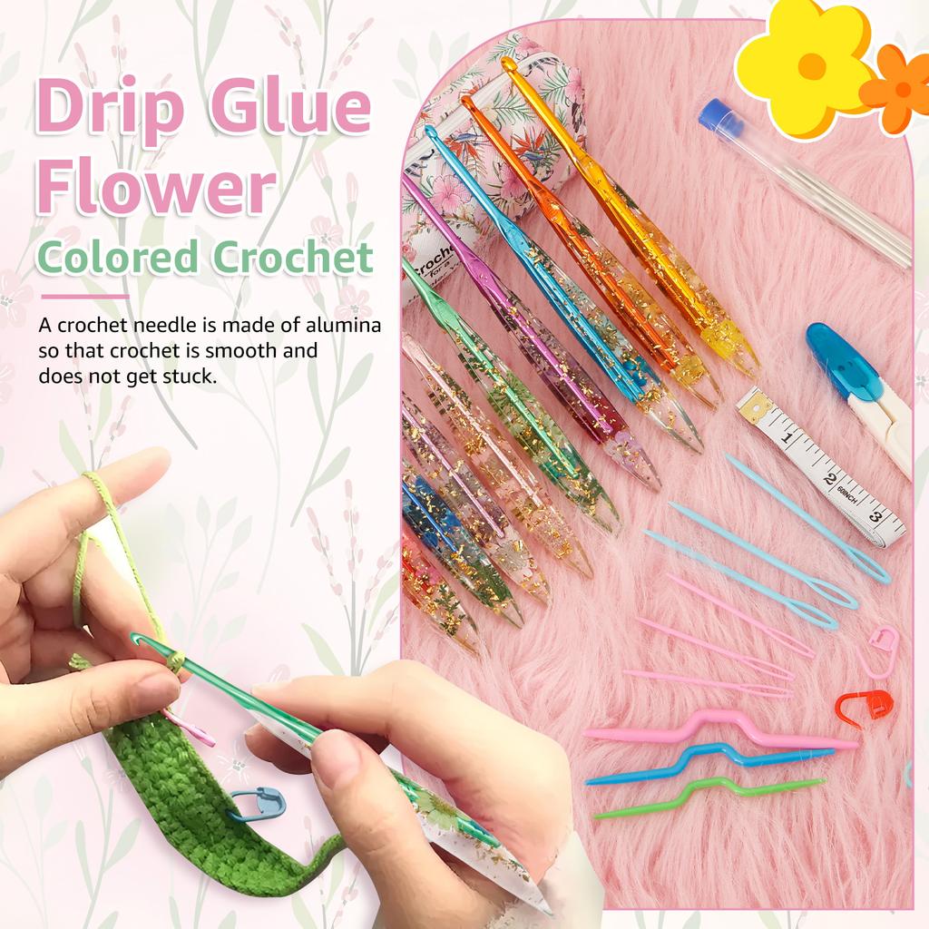 9/12 Pcs Crochet Hook Set Ergonomic Crochet Hooks with Storage Bag Floral Resin Plastic Practical Crochets Hooks Set for Weaving