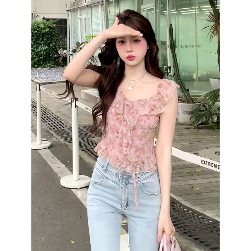 

French Style Summer Ruffles off-Shoulder Floral Strap Floral Camisole S Suggested 40.00 kg-50.00 kg