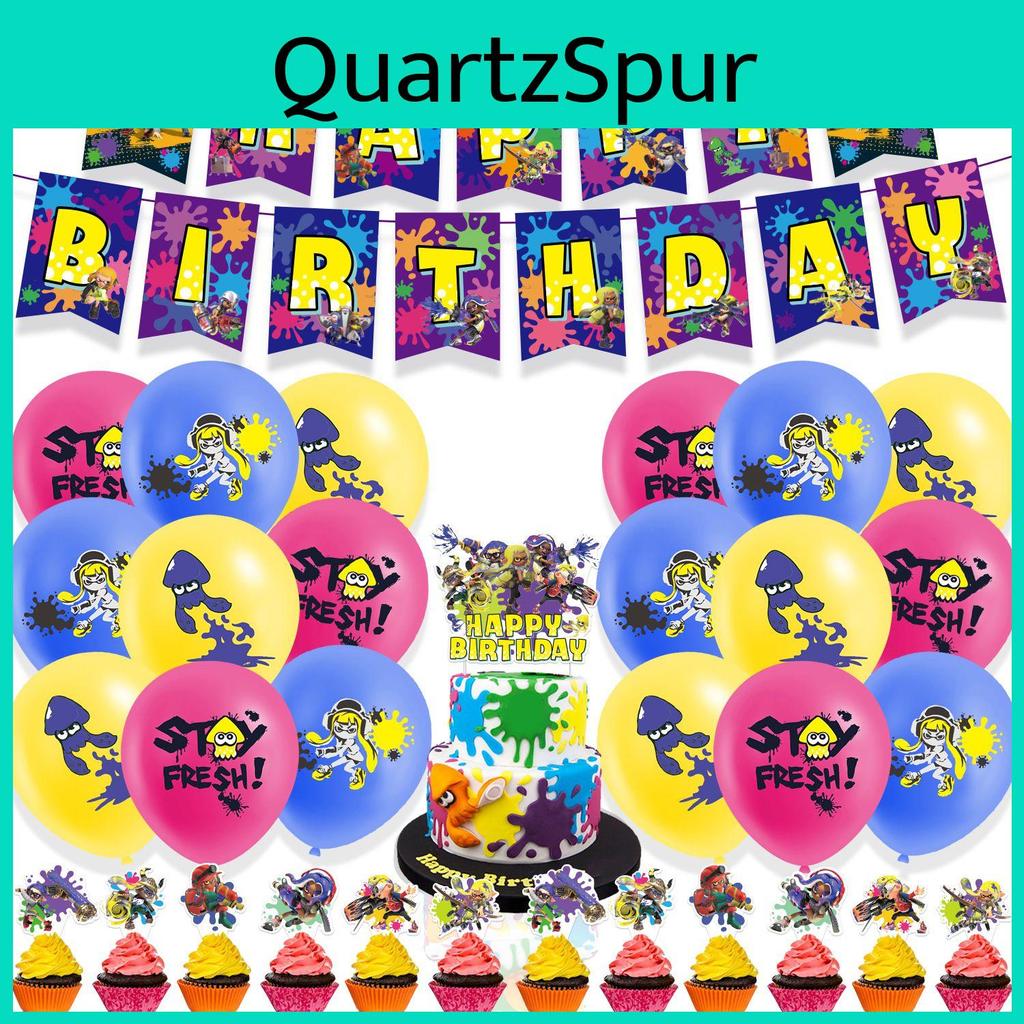 Complete Splatoon3 Party Decorations Pack With Banner Balloons And Cake Toppers For Kids