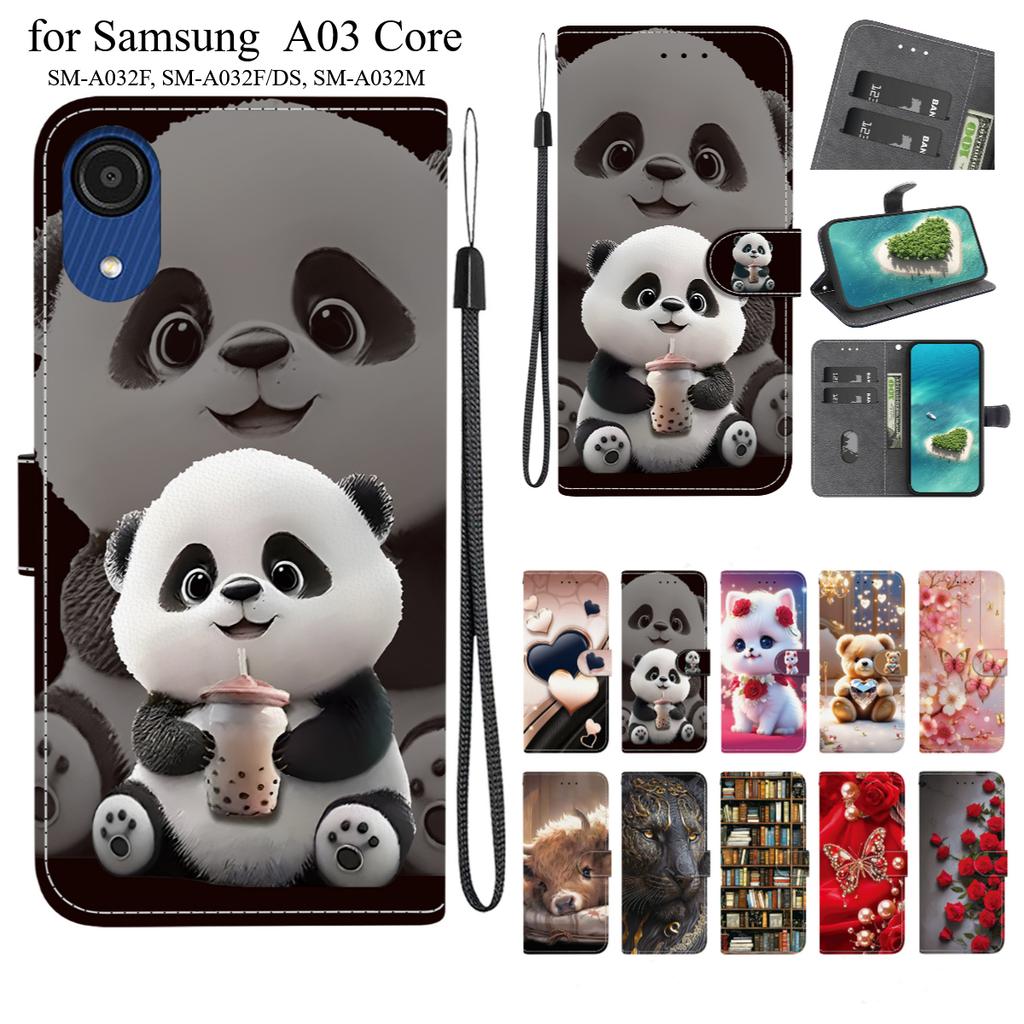 Handmade PU Leather Flip Case for Samsung Galaxy A03 Core (A032F)- Anti-Slip Shockproof Cover with Wrist Strap & Heart/Rose Cat Designs