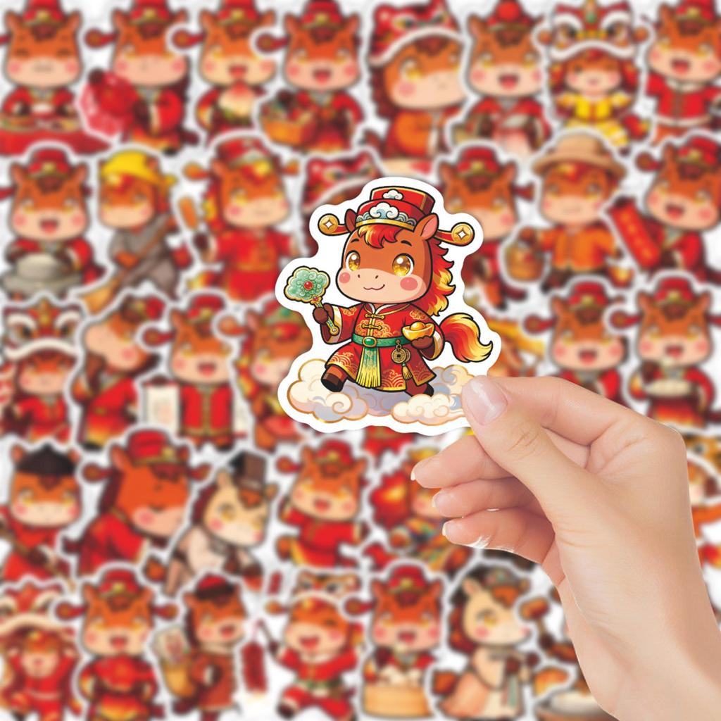 55 Sheets Chinese New Year Horse Cartoon DIY Waterproof Stickers for Journals, Guitars, and Skateboards