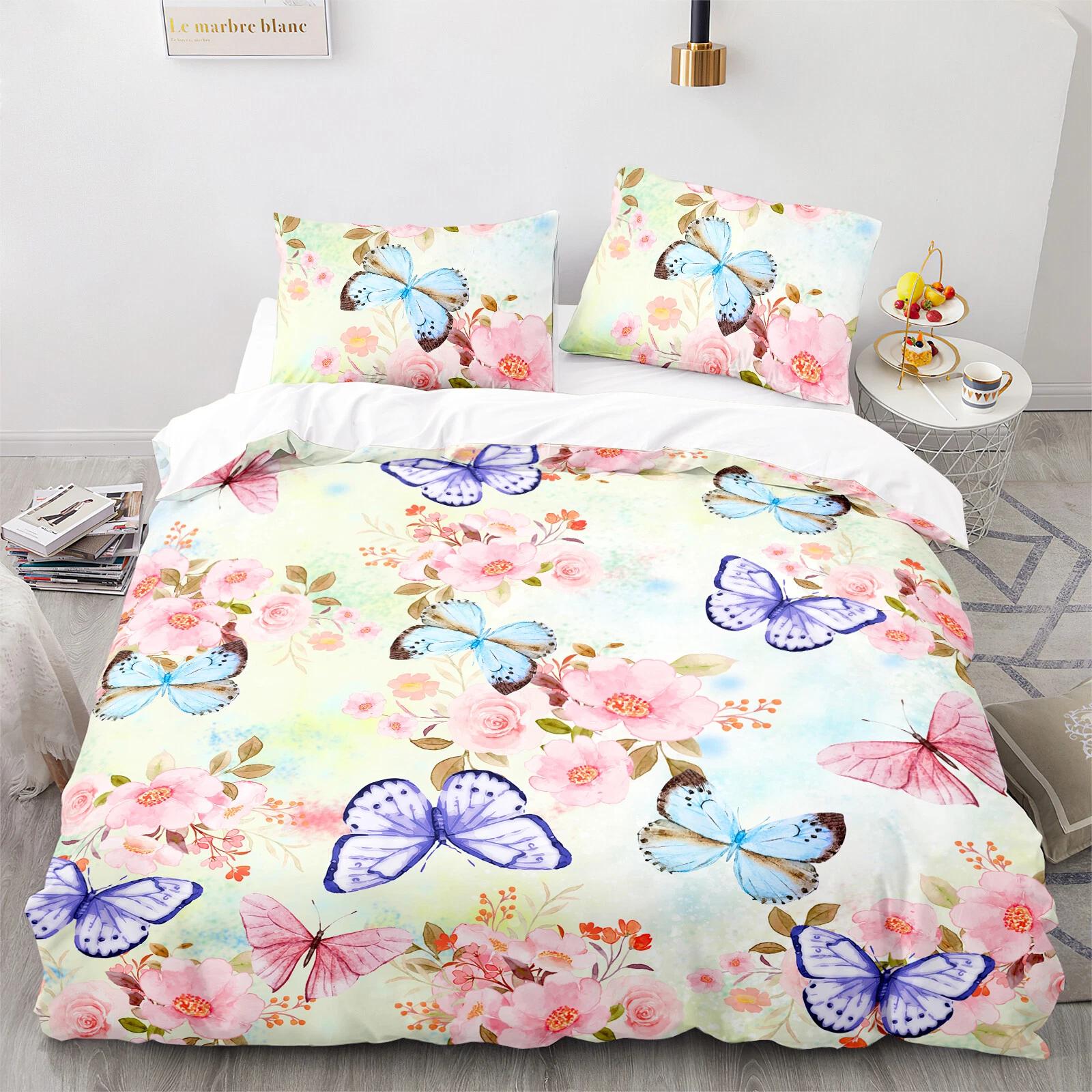 

Watercolor Butterfly Floral Bedding Set, Pastel Pink Flower Duvet Cover Set, Spring Inspired Home Textile, Perfect Gift for Bedroom Decor DE 100x135cm