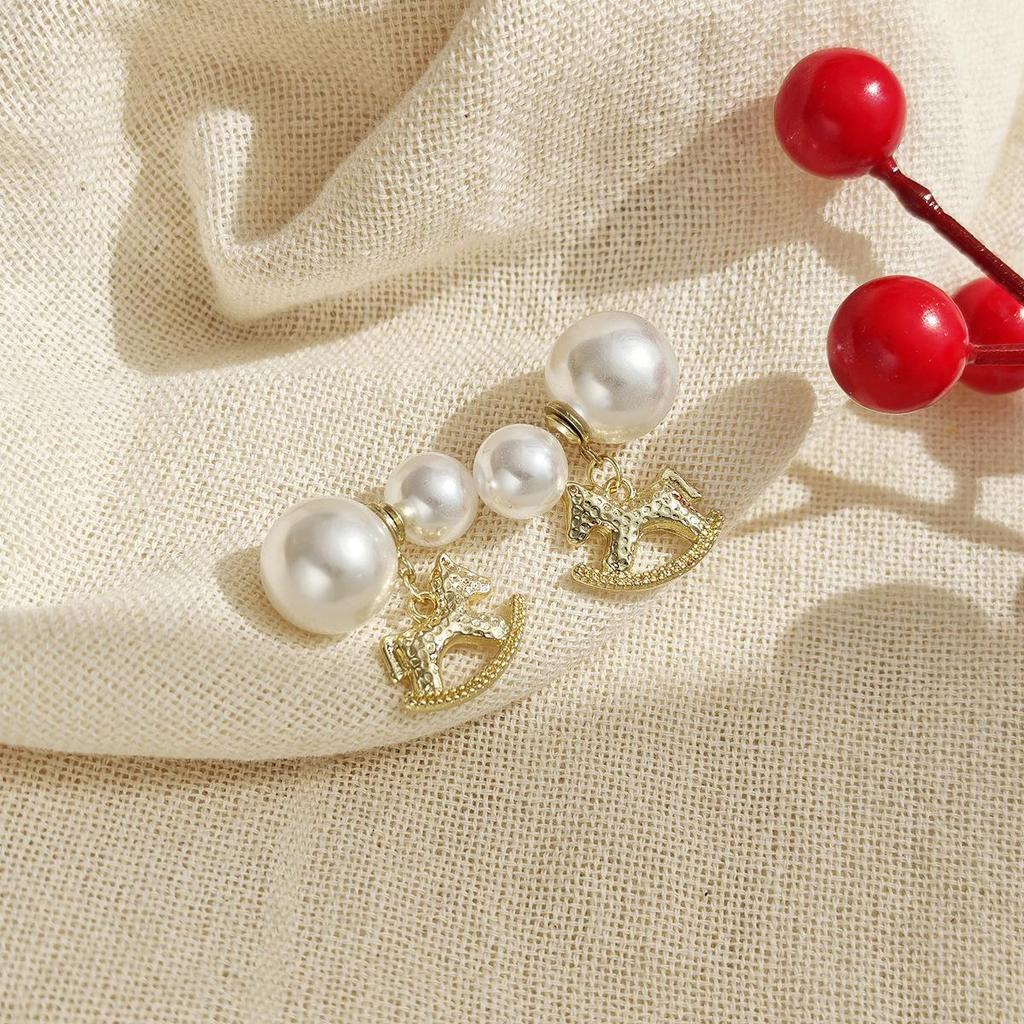 Year of the Horse 925 Sterling Silver Diamond Enamel Stud Earrings with Pearls - Retro High-End Design