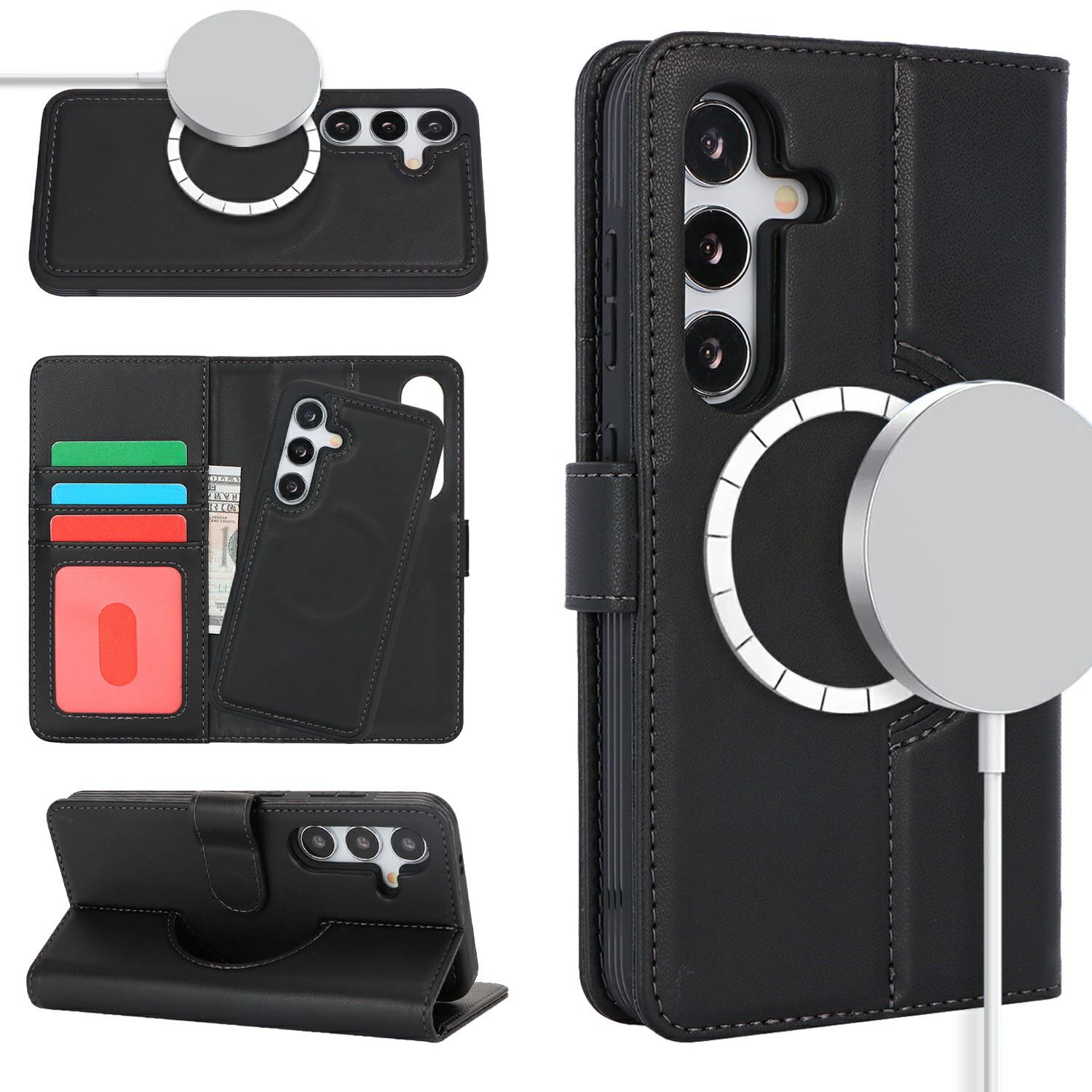 

Для Samsung Galaxy S24 Чехол-кошелек Совместимый с MagSafe Противоударный Съемный Чехол для телефона из ПУ кожи Black