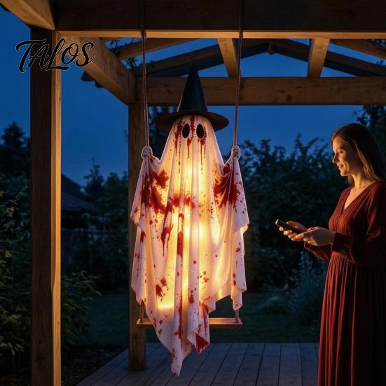 Trick or Treat Party Supply Hanging Swing Ghost Halloween Decoration, Spooky Light Up Large Swinging Front Porch Holiday Display with Blood Fabric for