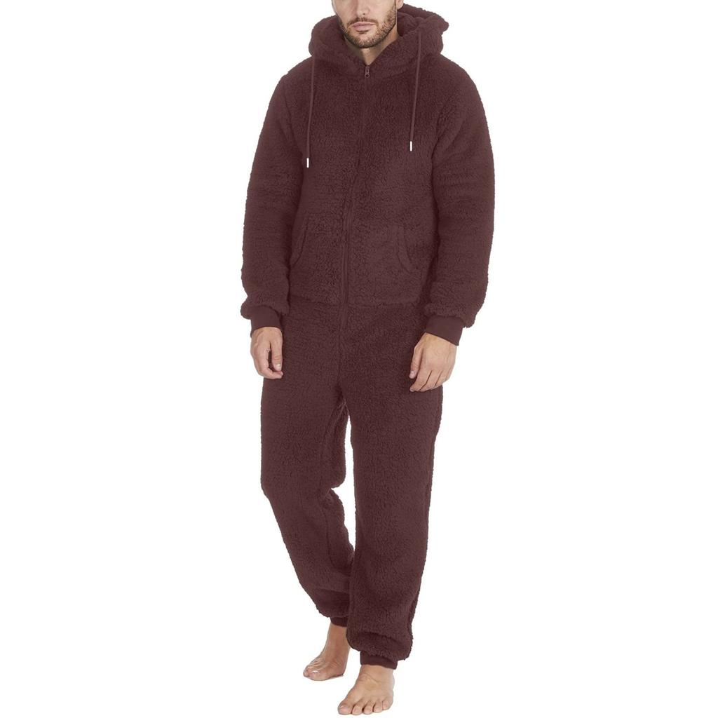 Men's Color Long Sleeve Hooded Pocket Zipper Plush Warm Jumpsuit Warm Pajamas