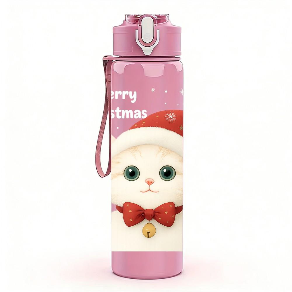 1PC Santa Cat Christmas Hat Pattern 750ml Color Plastic Sports Water Bottle Leakproof Flip Straw Lid Suitable for Sports Office Home Use
