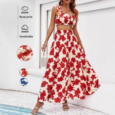 Women's Summer Halter Skirt Printed Sexy Crop Cord Halter Skirt Set