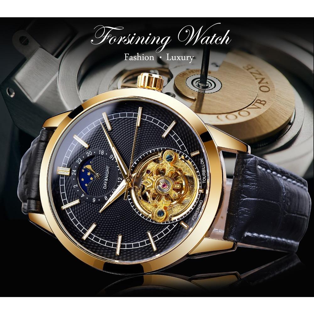 Forsining Men's Fashion Casual Hollow Moon Phase Carved Hollow Automatic Mechanical Watch GMT1177-2-A