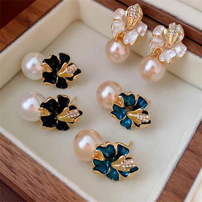 Fashion Diamond Studded French Flower Pearl Stud Earrings for Women's Earrings Jewelry Girl Gift Brincos