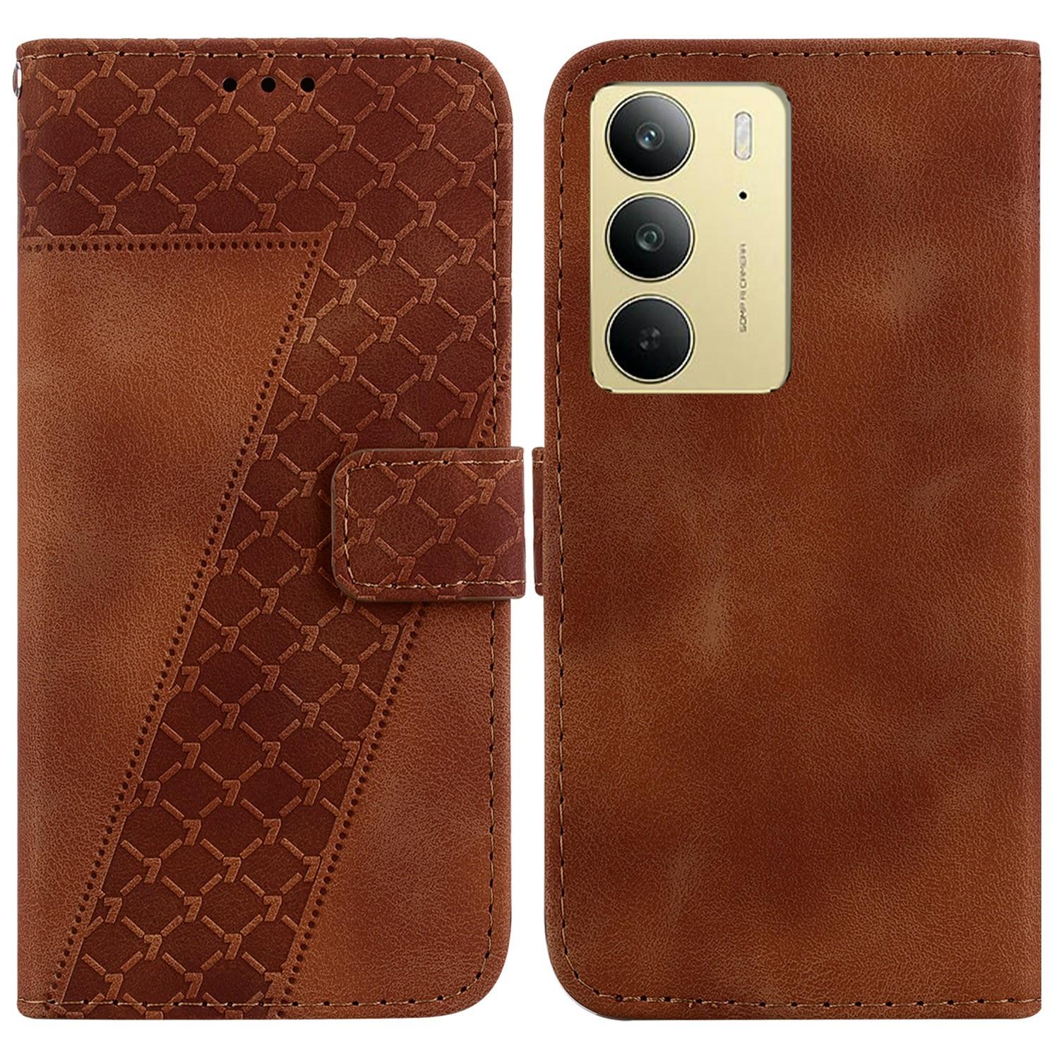 

For Realme C75 4G Stand Case 7-Shaped Pattern Imprint Leather Phone Cover Brown