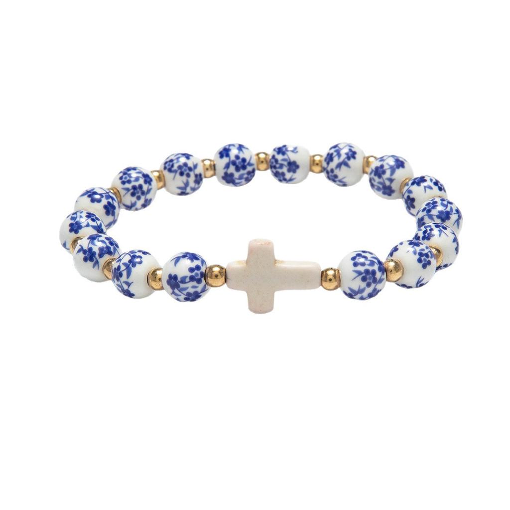 Chinese-style Vintage Elegant Floral Porcelain Bead Bracelet Letter and Cross Bead Bracelet