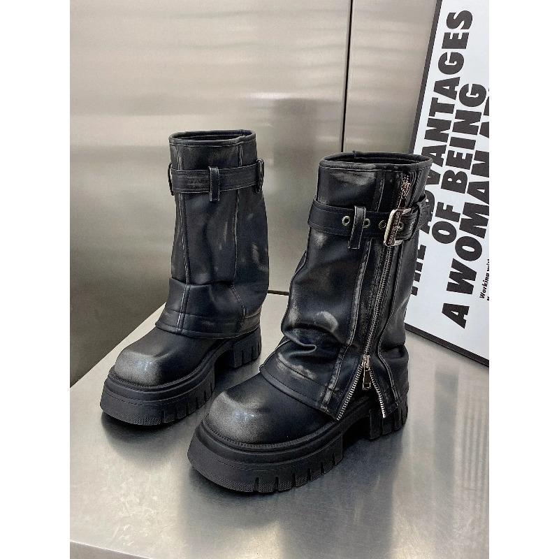 Women Fashion Boots European Leather Square Toe Maillard Western Cowboy Thick Soled Boots Motorcycle Short Boots