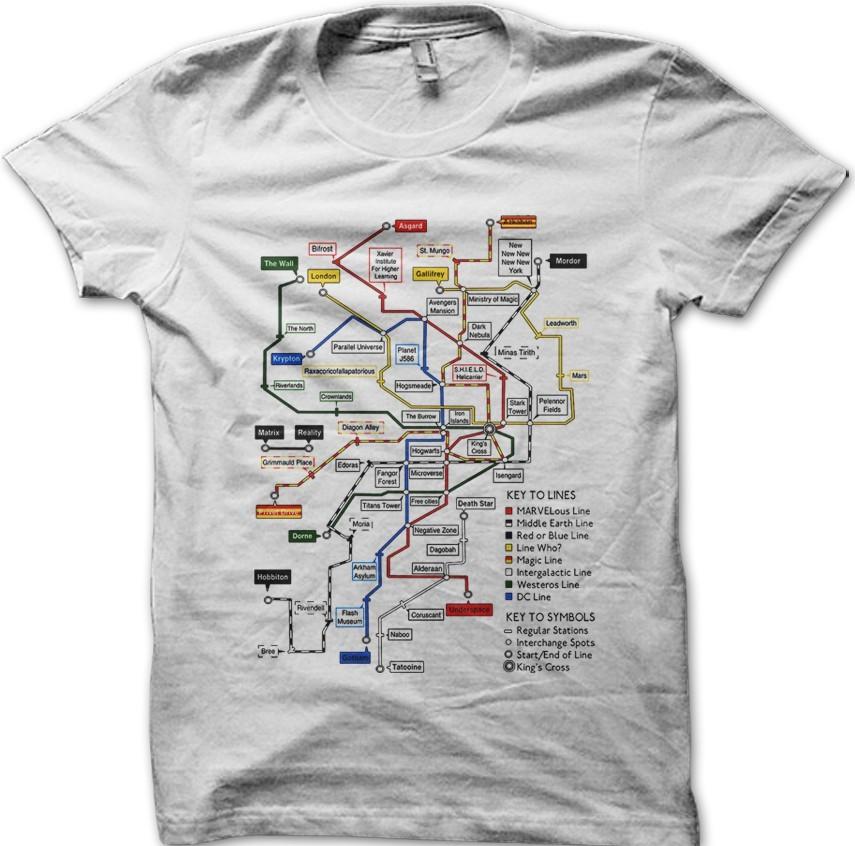 Geek Culture Tube Map T-Shirt – Sci-Fi Fantasy Worlds Metro Style Graphic Tee M