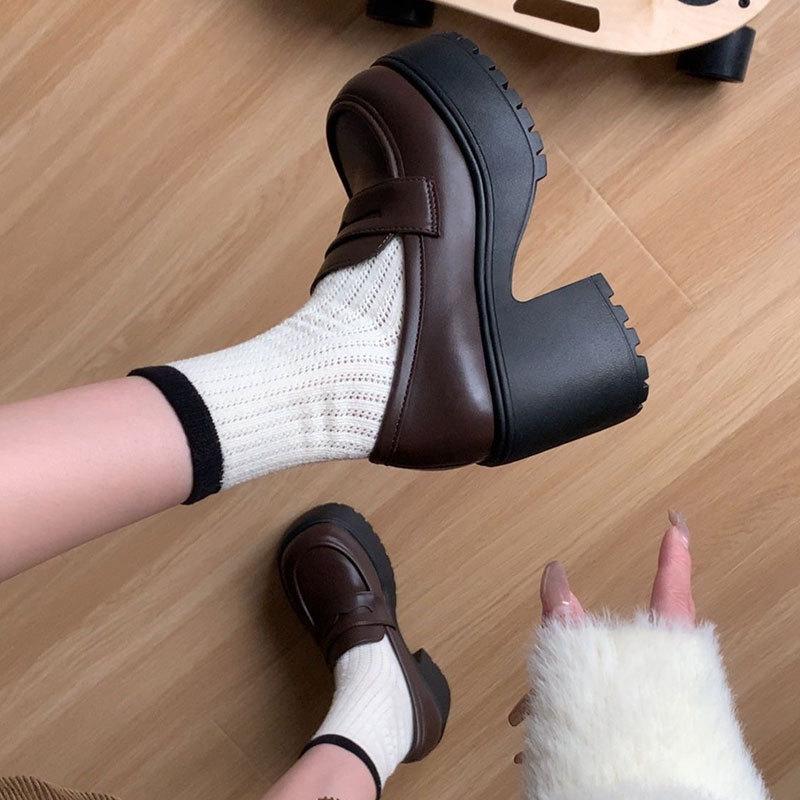 Small leather shoes women's high heels 2025 autumn new British style jk uniform shoes platform heightening thick heel black loafers