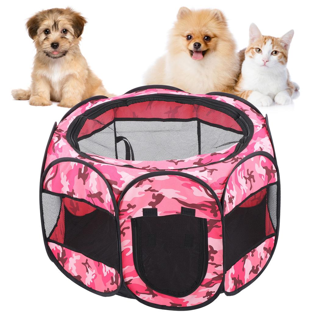 Foldable Pet Playpen Mesh Open Air Exercise Pen Tent House Playground for Dogs and CatsXBD95 Pink