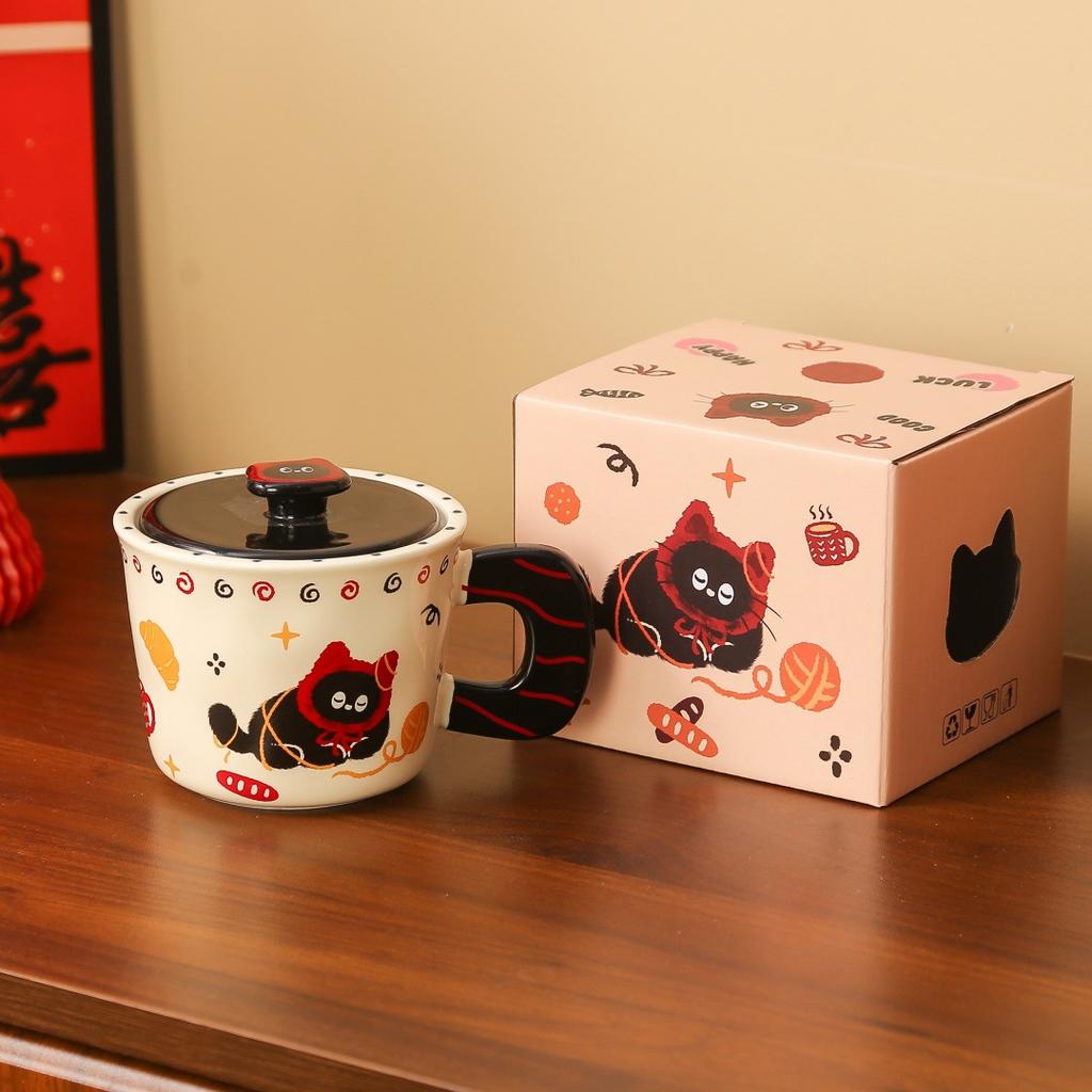 Happy Cat Series Ceramic Lid Mug Cartoon Cute Couple Water Cup Birthday Gift Cup Female High Value