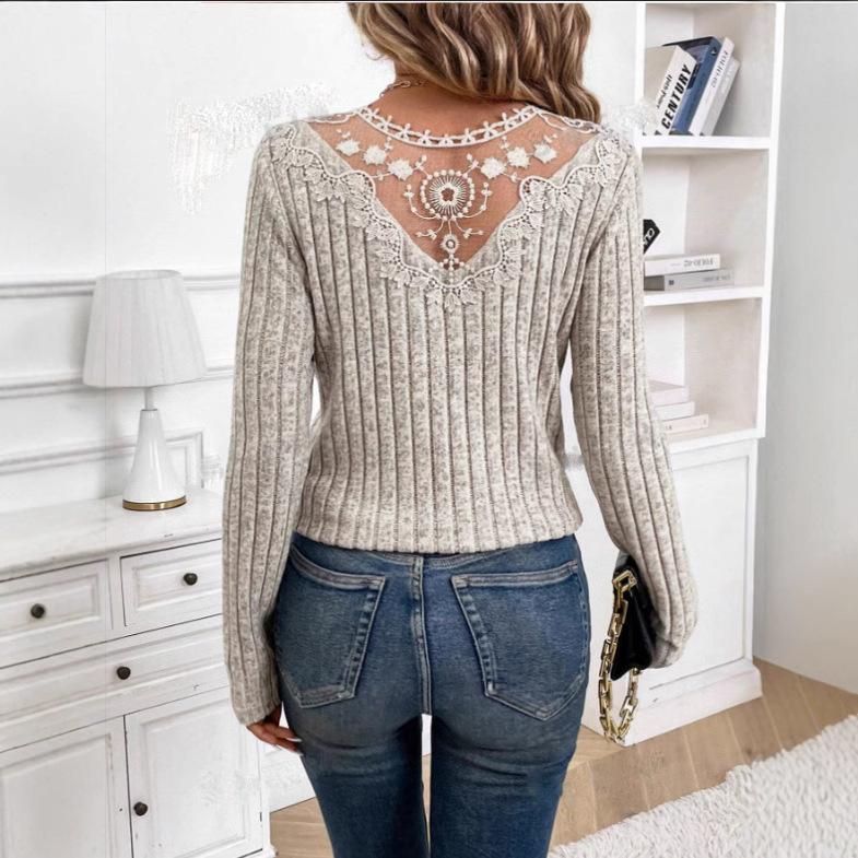 Women Comfortable Casual Fashion Shirt Summer New Solid Color Lace Splicing Hollow Long-sleeved T-shirt