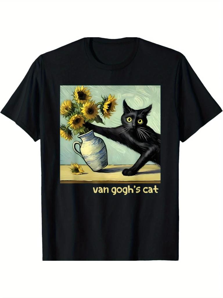 Camiseta artística con pintura de gato negro y girasol de Van Gogh estilo callejero de algodón tendencia de verano cómoda moda