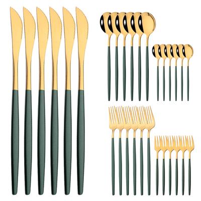 30-teiliges Grün-Gold Besteckset Messer Kuchengabel Löffel Geschirrset Besteck Edelstahl Silberwaren Party Küche Tischgeschirr