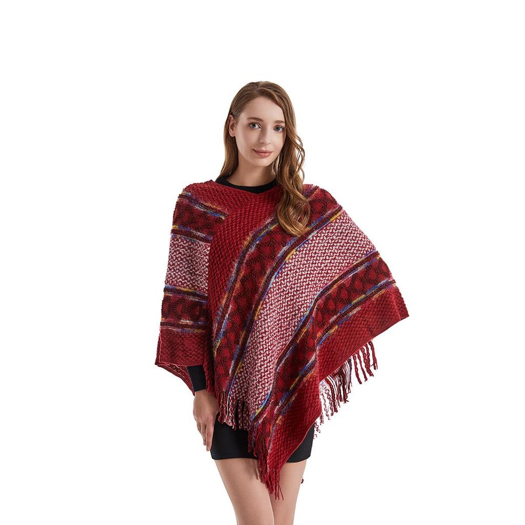 2022 Autumn/Winter Women's V-Neck Rainbow Tassel Cape Sweater