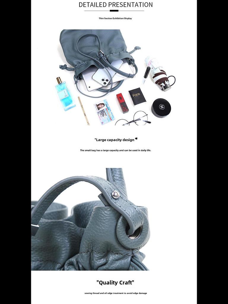 Women's Classic Fold Leather Bucket Bag: New Style, First Layer Cowhide, Trendy Solid Color Handheld Design
