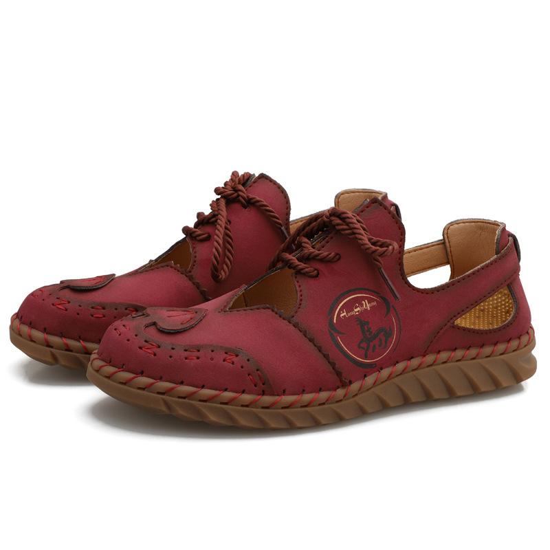 

Hongshi Niu Shoe Factory Summer New Handmade Stitched Women s Sandals Soft Leather Retro Roman Hollow Baotou 43 Large Size 35 червоний
