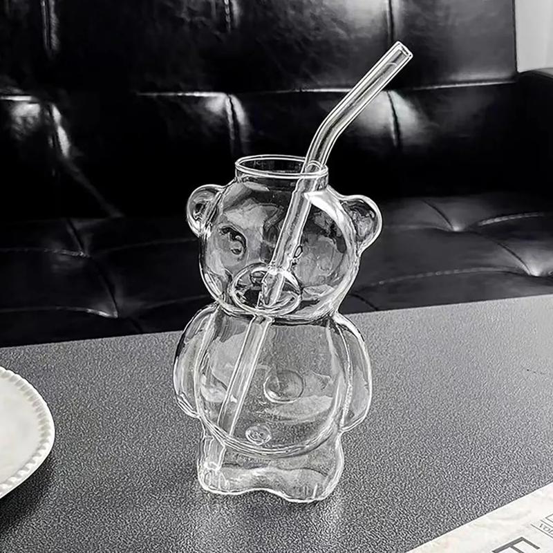 Creative Cute Bear Coffee Mug With Straw Transparent Cup Beer Milk Coffee Water Cups Wholesale Glass Drinkware Mug Set 320ML