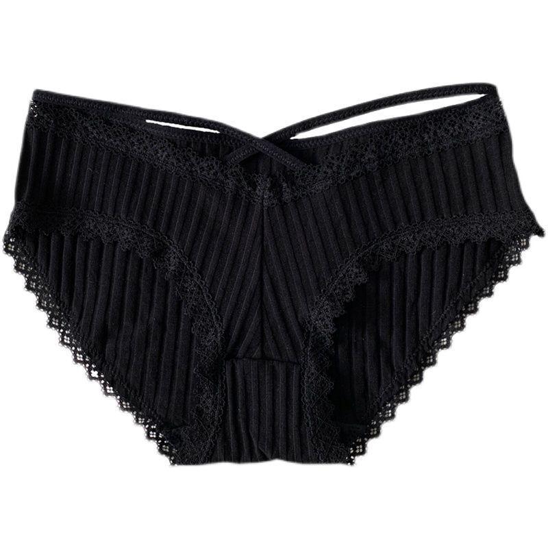 Japanese-Style Low-Waist Ribbed Cotton Panties with Lace Trim and Breathable Cross-Strap Design