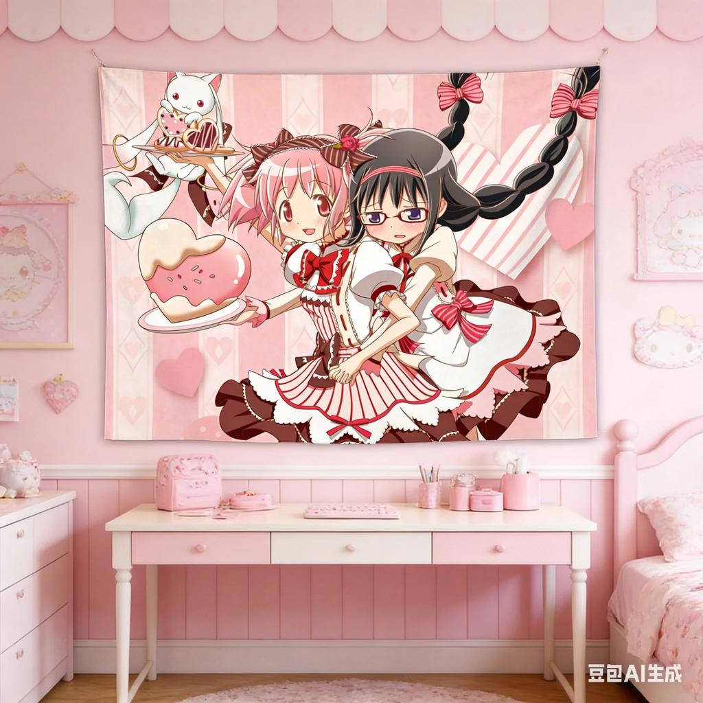 Madoka Magica Sweet Tapestry Single Sided 2DPrint Polyester Wall Hanging for Bedroom Living Room Cute Anime for Puella Magi Fans