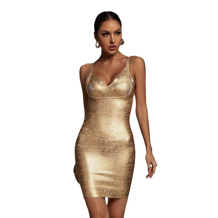 Vestido Bandagem Decote V com Alças Finas e Folha de Ouro para Performance de Festa Feminina