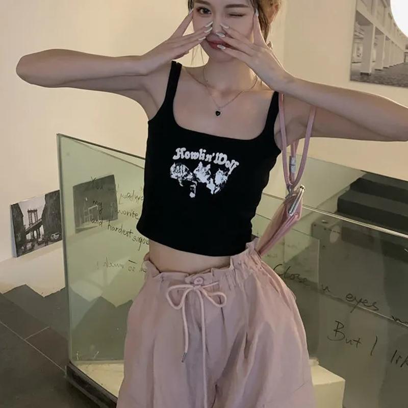 Dámské americké retro tílka dívčí letní vnitřní topy sportovní vesty jednobarevné ležérní bez zad krátké topy streetové tanky