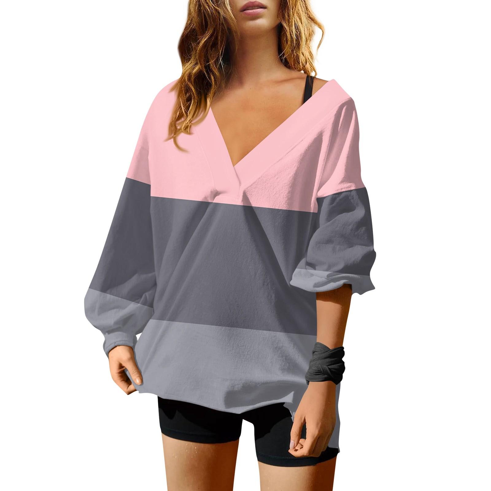 

Женская мода полосатый принт V-образный вырез длинный рукав свободный пуловер свитшот топ L розовый