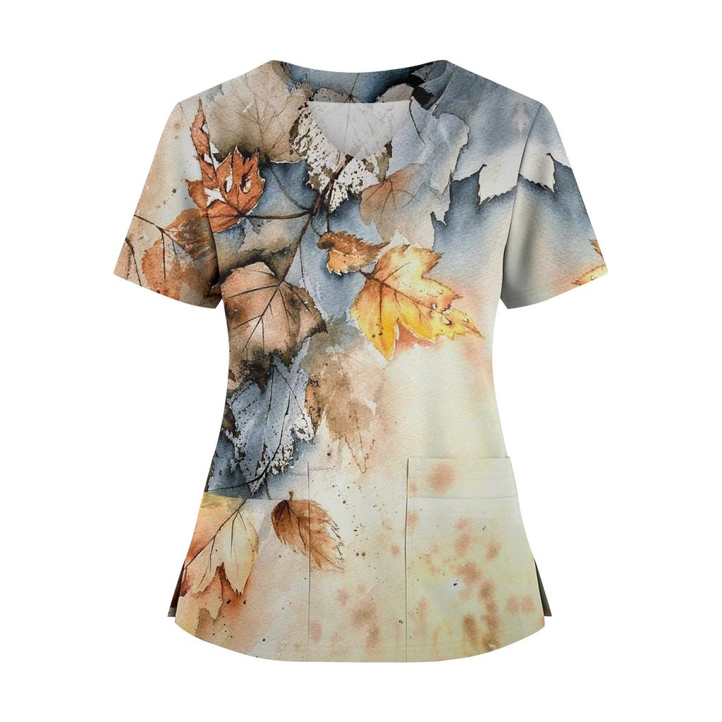 Damen locker kurzärmlig modisch geometrischer Druck von Pflanzen und Blumen Druck V-Ausschnitt knopfbar Seitenschlitz Oberteil T-Shirt