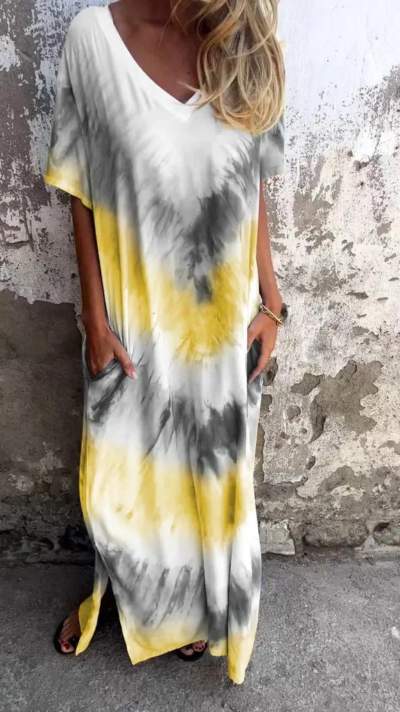 Summer New European And American Style Women'S Clothing Casual Loose Short-Sleeved V-Neck Split Fork Gradual Change Tie-Dye Long Dress