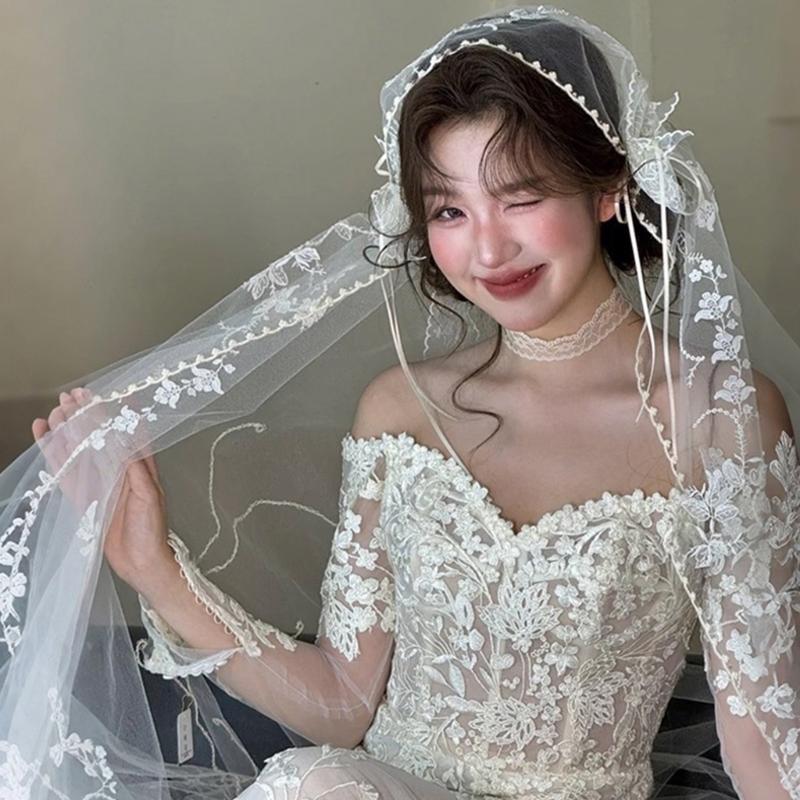 Seethrough Sheer Bridal Veils with Lace Trim French Bowknot Tulle Head Veils For Wedding Ceremonies And Special Occasion