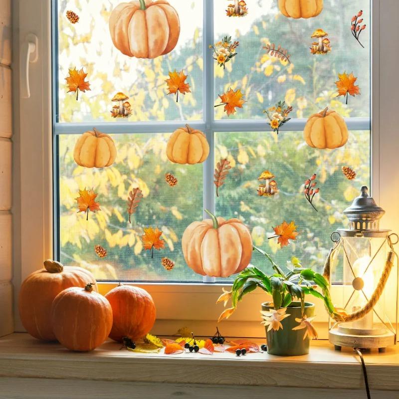 6PC Halloween 3d Pumpkin Window Sticker Home Decoration Self Adhesive Autumn Leaves Wall Art Decal Maple Double-sided Party