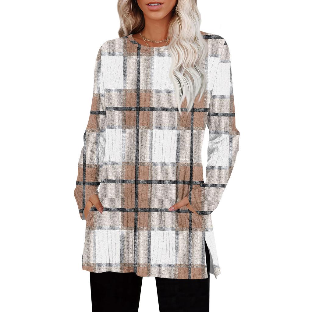 Womens Sweaters Crewneck Long Sleeve Shirts With Pockets Fall Outfits Fashion Winter Clothing Side Slit