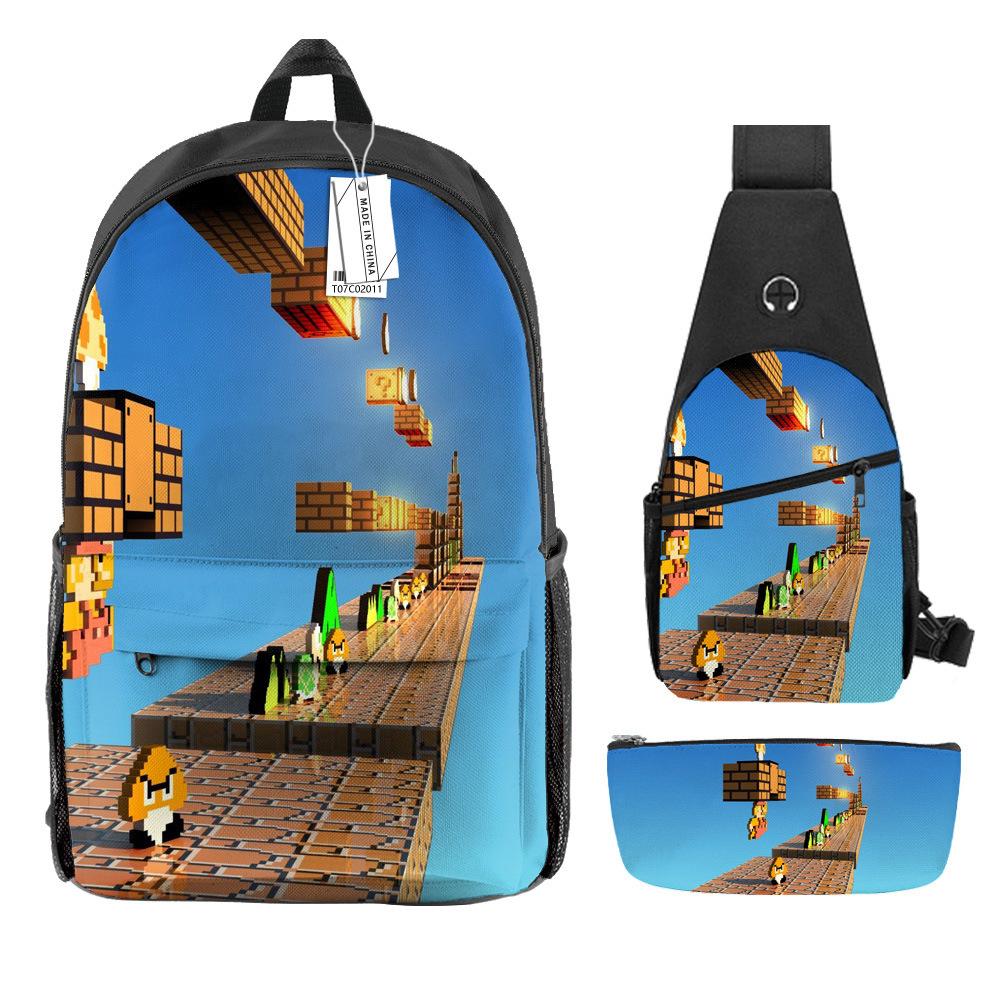 Animation Backpack, Super Mary Primary School Student Print Children'S Backpack Satchel Pencil Case Three-Piece Set
