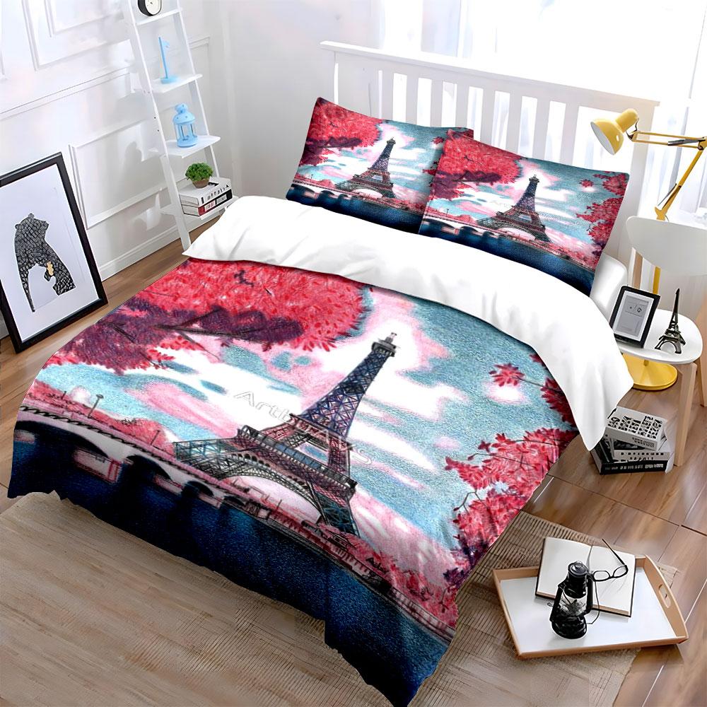 Eiffel Tower, pink trees. Bedding sets Duvet cover sets Duvet covers Pillowcases(1 * Duvet Cover 2 * Pillowcases without duvet insert)