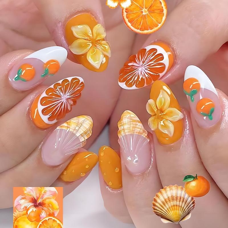 24PCS Orange 3D Carved Flowers Almond Press on Nails Green French Sweet Lemon Fake Nails Tips Wearable Full Cover Acrylic Nails