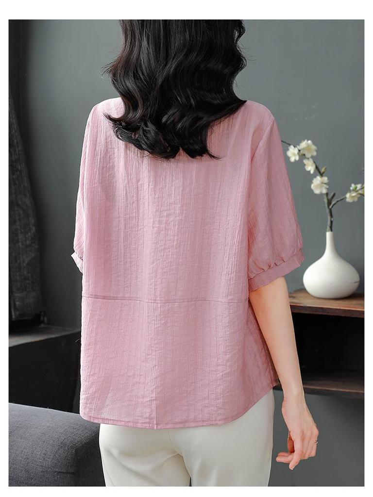 2025 Summer Lightweight Loose Cotton Linen Shirts - Plus Size, Short-Sleeve, Flattering and Breathable Design for Moms