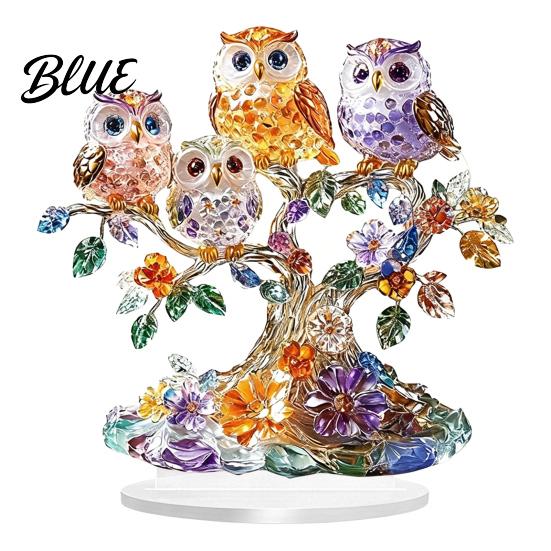 2D Acrylic Owl Realistic Figurine Perched Ornament Tree Decoration Owls with Base Colorful Flower Ornament for Desktop Bookshelf Decor