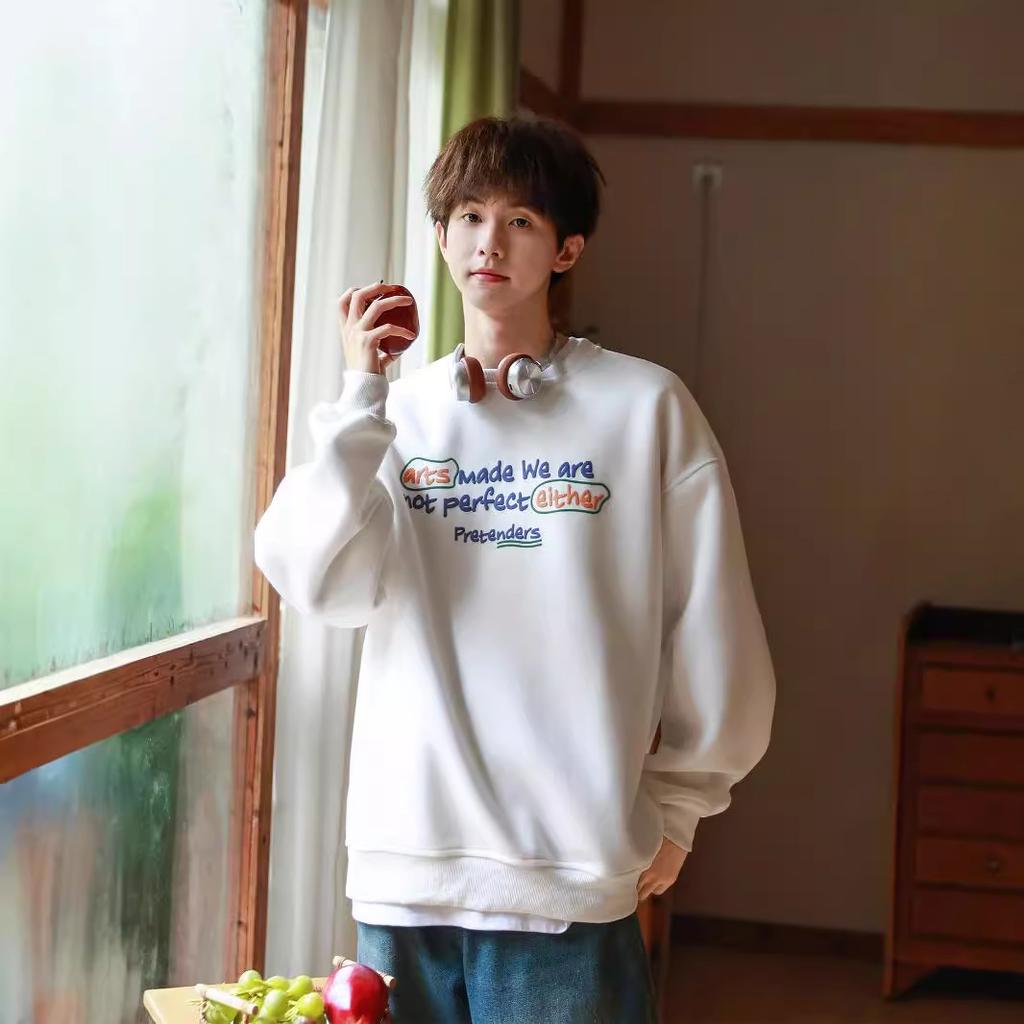 Printed Crew Neck Sweater Men's Autumn and Winter Velvet American Teen Long-sleeved Top