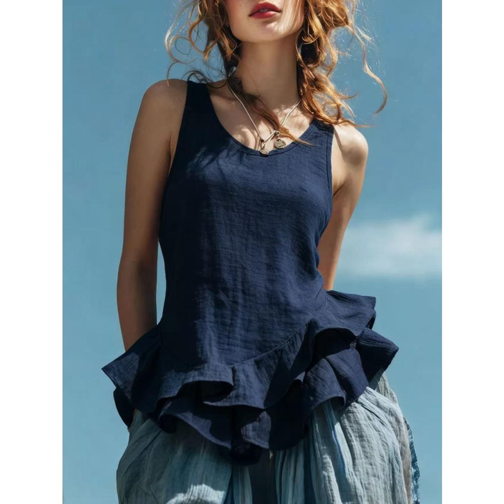 Spring and Summer New Style Casual Fashion Sleeveless Bottom Hem Lotus-Edged Top