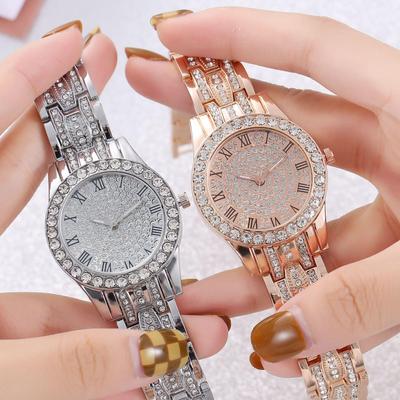 Gypsophila Women's Full Diamond Fashion Digital Watch Pearly Glittering Steel Band Quartz Watch