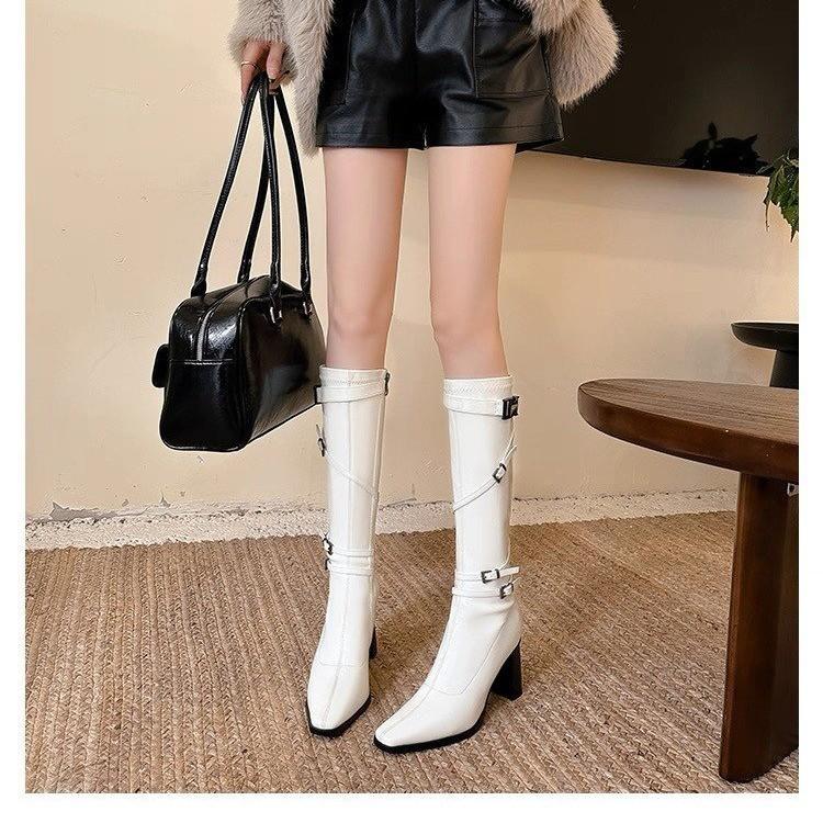 Fried Street Coarse Heel Tall Knight Boots Women's Autumn and Winter British Style Belt Buckle High Heel Skinny Boots Long Locomotive Fashion Boots