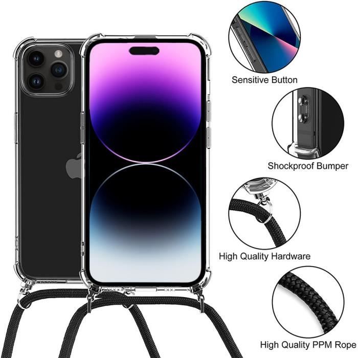 Coque Silicone - AntiChoc - pour iPhone 14 Pro - Transparent - Cordon Rouge - Souple